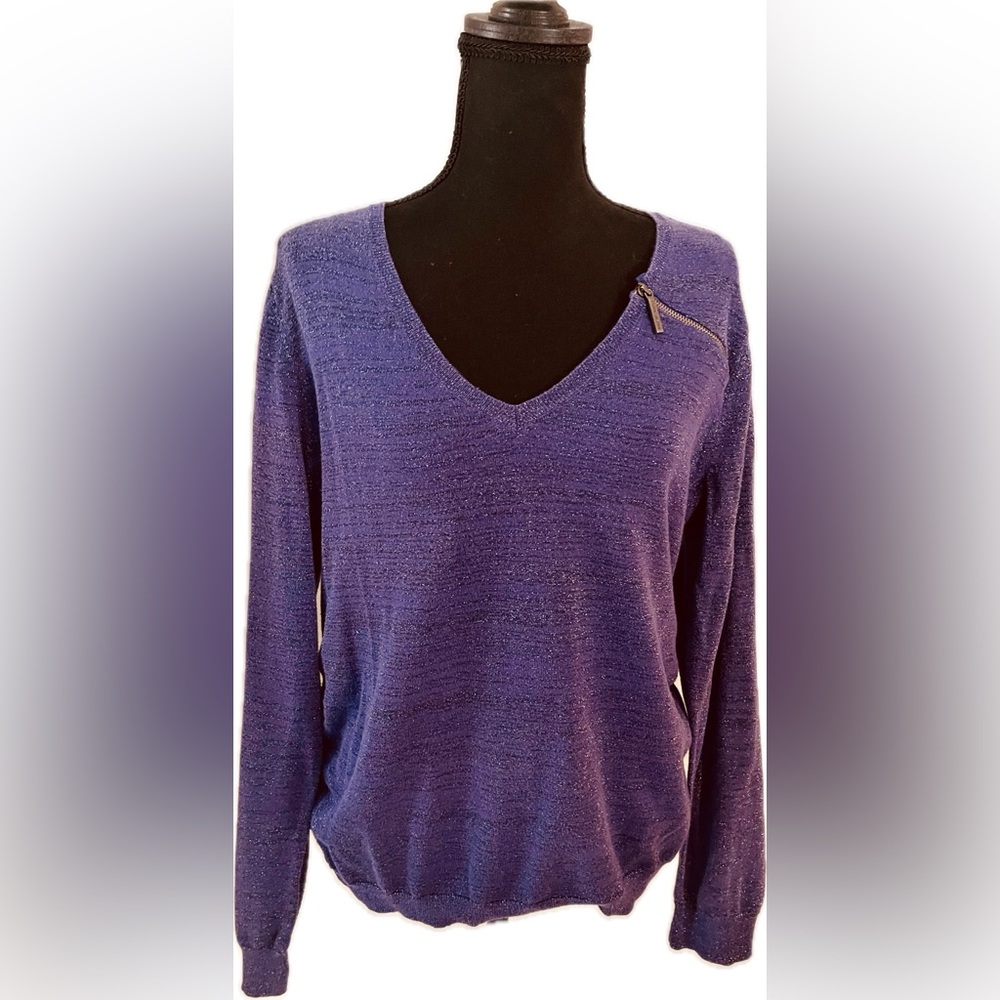 DKNY Jeans Purple Metallic Long Ruched Sleeve Zipper Detail Blouse sz Large